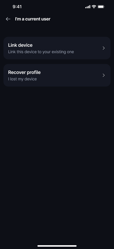 Recover a Profile On the 'I'm a current user' screen, choose 'Recover profile'.